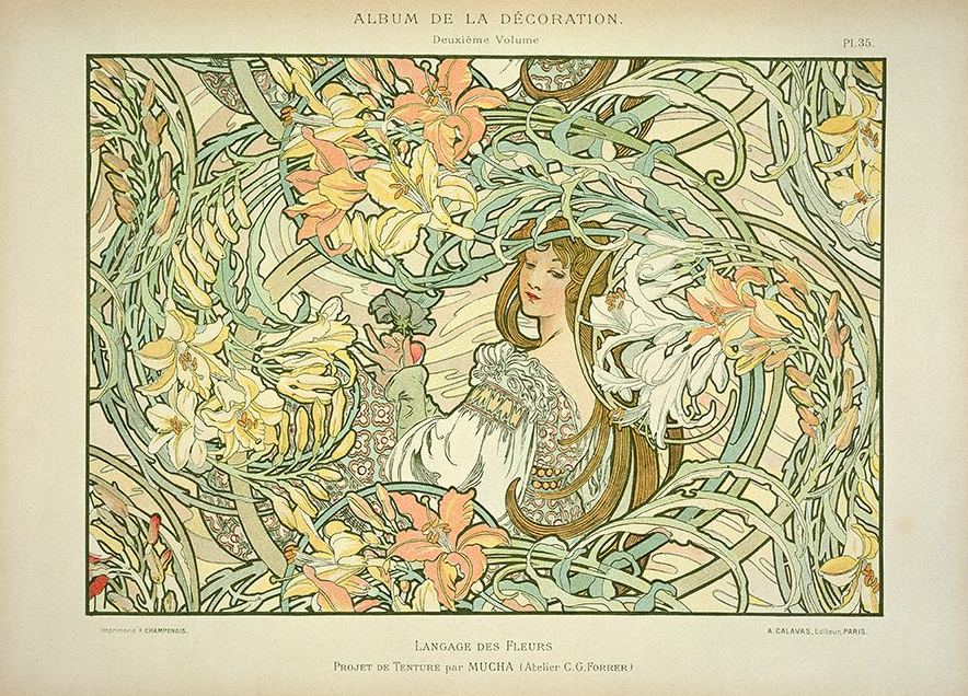 Color lithograph  Langage des Fleurs (Language of Flowers) by  Alphonse Mucha  (1900)