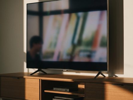 소파 위 리모컨과 팝콘 그릇이 놓인 거실 풍경, TV 화면에 드라마 썸네일 목록