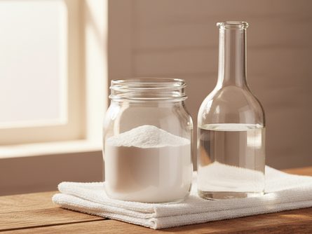 베이킹소다 가루와 식초가 담긴 유리병, 흰색 수건이 놓인 나무 선반