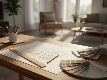깔끔하게 정돈된 주거 공간에 놓인 건축 도면과 색상 샘플, 자, 연필이 있는 나무 책상
