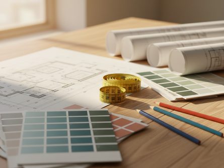 나무 책상 위에 건축 도면, 컬러 샘플 차트, 줄자, 연필이 정돈되어 있는 모습