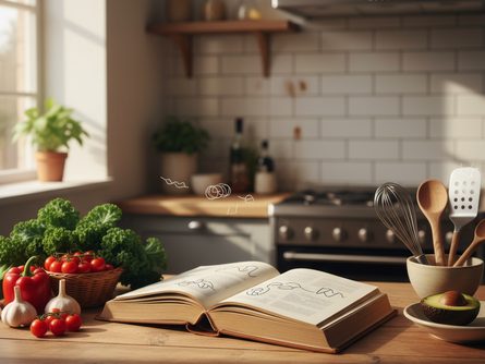 주방 조리대 위에 놓인 레시피북과 신선한 채소, 조리 도구들