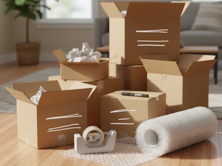 골판지 박스 여러 개, 테이프 롤, 뽁뽁이, 매직펜이 놓인 거실 바닥