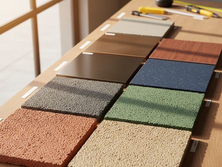 다양한 색상과 질감의 건축용 패널 샘플들이 나란히 진열된 작업대