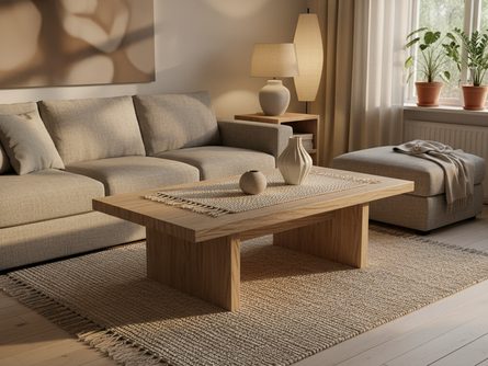 목재 질감의 거실 가구와 천연 섬유 러그, 따뜻한 조명이 있는 북유럽 스타일 인테리어 공간