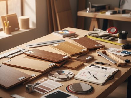 다양한 목재 샘플판과 측정 도구, 색상 견본이 펼쳐진 작업대