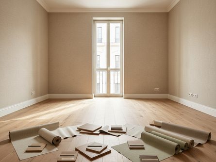 원목 마루 바닥과 천연 벽지가 시공된 빈 거실 공간, 창문을 통해 자연광이 들어오고 바닥에 목재 샘플과 벽지 견본이 놓여 있음