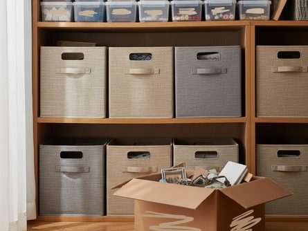 정리된 수납함과 라벨이 붙은 투명 보관함들이 선반에 놓여있고, 버려질 물건들이 담긴 종이박스가 바닥에 있는 깔끔한 정리 공간