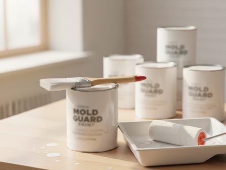 흰색 페인트 통과 붓, 롤러가 놓인 깨끗한 작업대