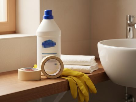 욕실 세면대 옆 선반에 놓인 락스 용기, 마스킹 테이프 롤, 고무장갑, 키친타월