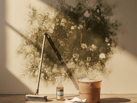 곰팡이 포자가 있는 습한 벽면과 공기청정기, 제습기가 놓인 실내 공간