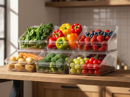 투명 플라스틱 정리 트레이 여러 개가 나무 선반 위에 정렬되어 있고, 각 트레이에는 다양한 채소와 과일이 담겨 있다