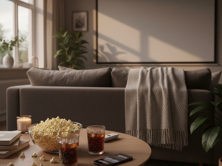 소파에 앉아 팝콘과 음료를 앞에 두고 대형 스크린을 바라보는 모습, 리모컨과 스마트폰이 테이블 위에 놓인 거실 풍경