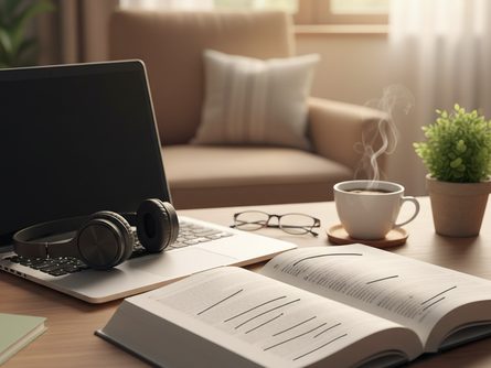 책상 위에 펼쳐진 영어 회화 교재와 노트북, 헤드폰, 커피 잔이 놓인 아늑한 학습 공간