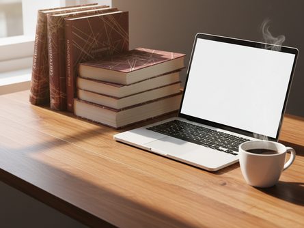 두꺼운 다큐멘터리 서적 여러 권과 노트북, 커피잔이 놓인 나무 책상