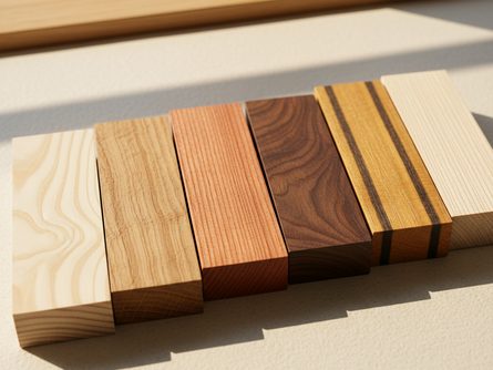 다양한 원목 샘플 조각들이 나란히 놓인 모습, 오크·월넛·소나무·편백·자작나무·티크 등의 자연스러운 나뭇결과 색상 차이가 보이는 목재 견본