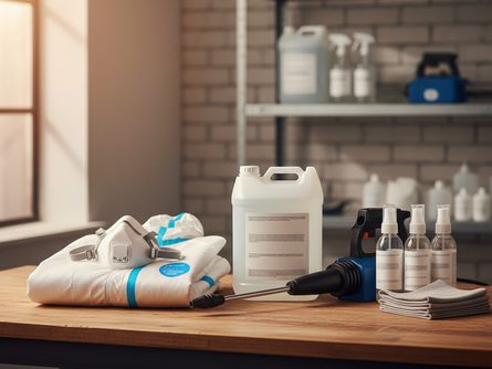 보호복, 마스크, 소독제 통, 살균 분무기가 놓인 작업 준비 공간