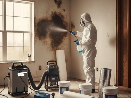 방진복을 입은 작업자가 벽면에 분무기로 약제를 뿌리며 곰팡이를 제거하는 모습과 측정 장비, 단열재, 코팅 도구가 놓인 작업 현장