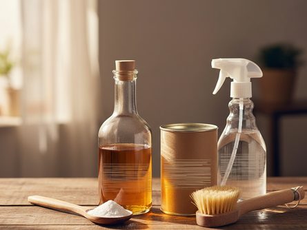 투명한 유리병에 담긴 식초, 나무 숟가락에 담긴 구연산 가루, 베이킹소다 통, 청소용 솔과 스프레이병이 놓인 나무 테이블