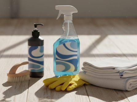 청소 도구와 고무장갑, 분무기, 수건이 놓인 나무 바닥