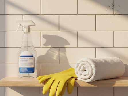 흰색 타일 벽면에 스프레이 병과 고무장갑, 수건이 놓여 있는 모습