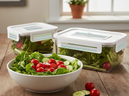 흰색 세라믹 그릇에 담긴 신선한 상추와 토마토, 오이가 나무 식탁 위에 놓인 모습