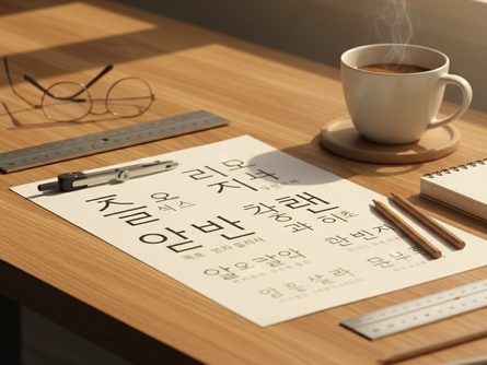 나무 책상 위에 놓인 한글 타이포그래피 샘플 시트와 디자인 도구