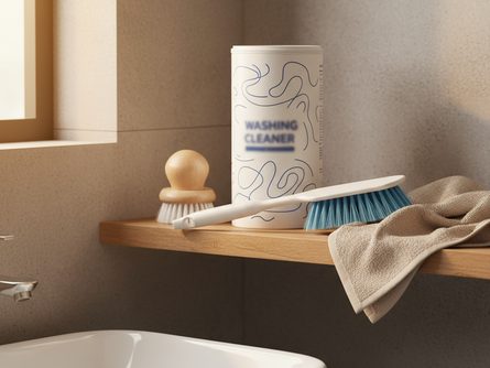 세탁기 클리너 통과 청소용 솔, 수건이 놓인 욕실 선반