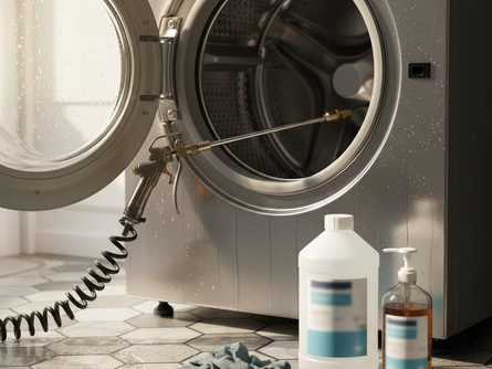 세탁기 드럼과 청소용 고압 분사기, 걸레와 세정제 통이 놓인 타일 바닥