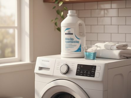 하얀 락스 용기와 계량컵, 깨끗한 수건이 세탁기 위에 놓인 깔끔한 세탁실 풍경