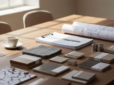 인테리어 설계 도면과 견적서, 자재 샘플이 놓인 회의 테이블