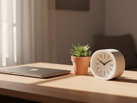 나무 책상 위에 놓인 미니멀 디자인의 흰색 탁상시계와 작은 화분, 노트북