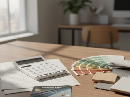 신용카드와 계산기, 견적서가 놓인 책상 위, 옆에 페인트 견본과 자재 샘플이 함께 배치된 모습