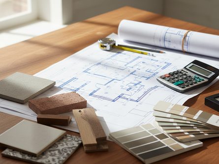 나무 책상 위에 펼쳐진 설계도면과 계산기, 색상 샘플 칩, 건축 자재 견본들이 놓여 있는 모습
