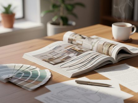 나무 책상 위에 펼쳐진 인테리어 잡지와 컬러 샘플 카드, 메모지와 펜이 놓인 작업 공간