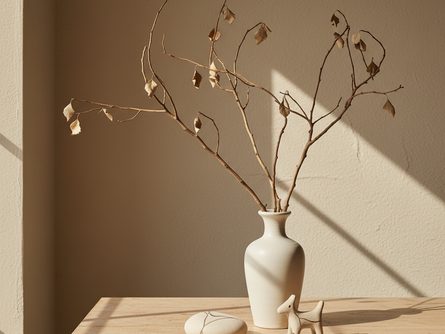 흰색 화병에 꽂힌 여러 갈래의 마른 나뭇가지와 주변에 놓인 작은 도자기 소품들