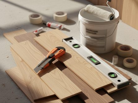 나무 월판넬 자재들과 시공 도구인 커터칼, 수평계, 롤러가 바닥에 펼쳐진 모습