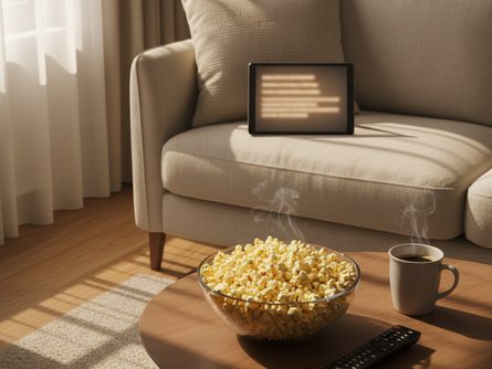 소파에 앉아 태블릿으로 콘텐츠를 검색하는 모습, 커피 테이블 위의 팝콘과 리모컨