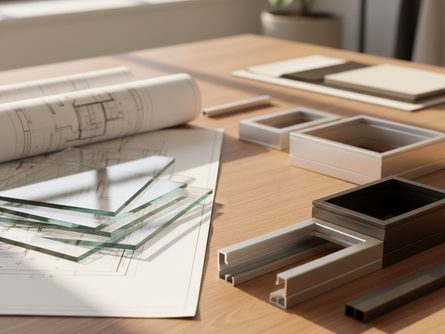 나무 책상 위에 놓인 실내 인테리어 설계 도면과 투명 유리판 샘플, 알루미늄 프레임 조각들