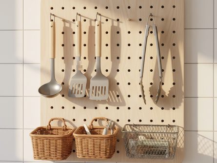 나무 타공판에 걸린 주방용 국자, 뒤집개, 집게와 작은 바구니들, 흰색 타일 벽면
