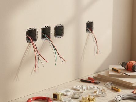 벽면에 전기 배선 박스와 콘센트 부품들이 놓인 작업 현장, 전선과 공구가 함께 배치된 모습