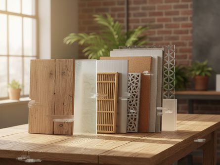 다양한 질감의 칸막이 소재 샘플들이 나무 테이블 위에 나란히 놓여 있는 모습