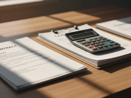 계약서와 계산기, 견적서가 놓인 책상 위 서류 다발