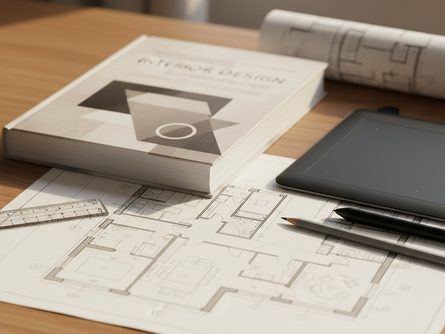 책상 위에 놓인 CAD 교재, 자, 연필, 타블릿과 함께 배치된 인테리어 도면 샘플