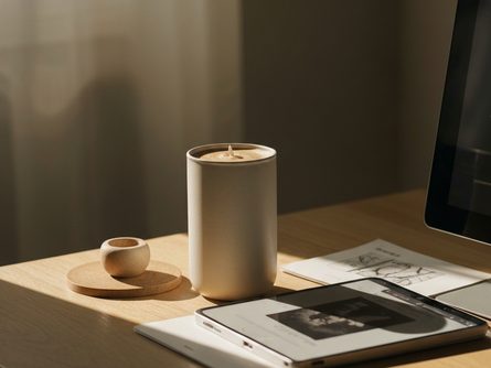 다양한 인테리어 소재 샘플들이 놓인 작업대 위 풍경. 목재 판넬, 패브릭 샘플북, 페인트 색상 견본, 타일 조각들이 자연광 아래 배치되어 있다