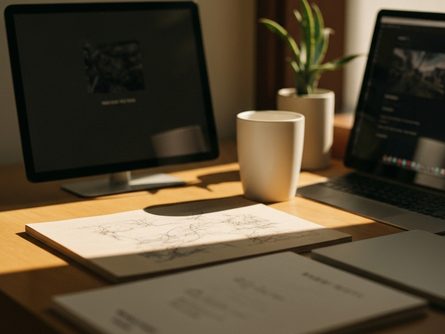 다양한 패턴의 시트지 롤과 측정 자, 커터칼이 작업대 위에 놓인 모습