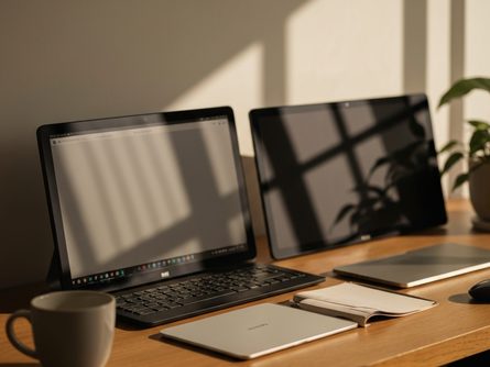 다양한 인테리어 스타일을 보여주는 컬러 샘플칩과 패브릭 견본, 작은 모형 가구가 배치된 디자이너 작업대