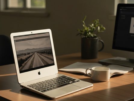 책상 위에 놓인 노트북, 모니터, 책꽂이가 있는 현대적인 사무실 작업 공간