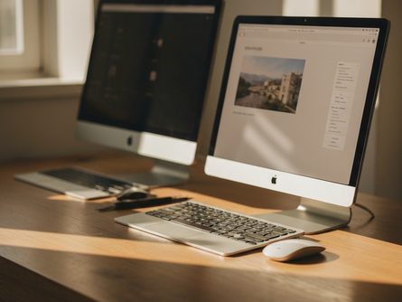 나무 테이블 위에 놓인 다양한 크기의 원형 벽시계와 금속 톤 디자인 시계, 베이지색 벽과 녹색 식물 화분