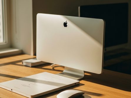 카탈로그와 메모장, 줄자, 펜이 놓인 책상 위 전시 안내 책자